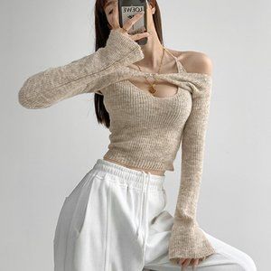 Knit Halter Neck Set with Camisole Top and Bolero Crop Top